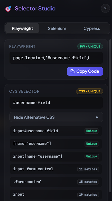 Selector Studio UI Match Count Panel